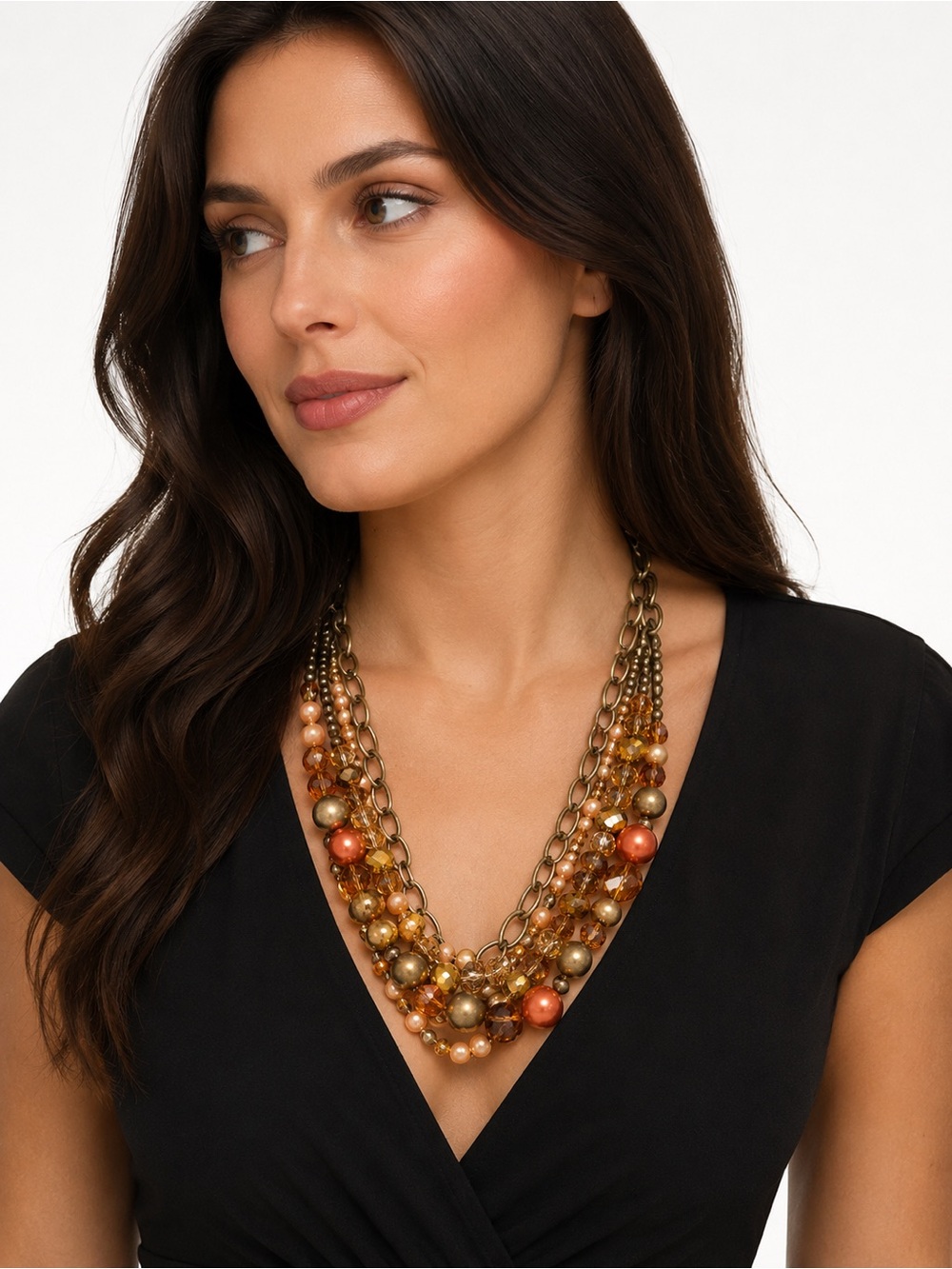 Multi Strand Glass Bead & Bronze Chain Statement Necklace Boho‎ Chic